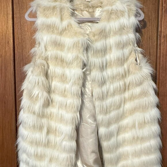 FOREVER 21 Womens Ivory Beige Stripe Faux Fur Sleeveless Vest Large Mid Length - Picture 1 of 14
